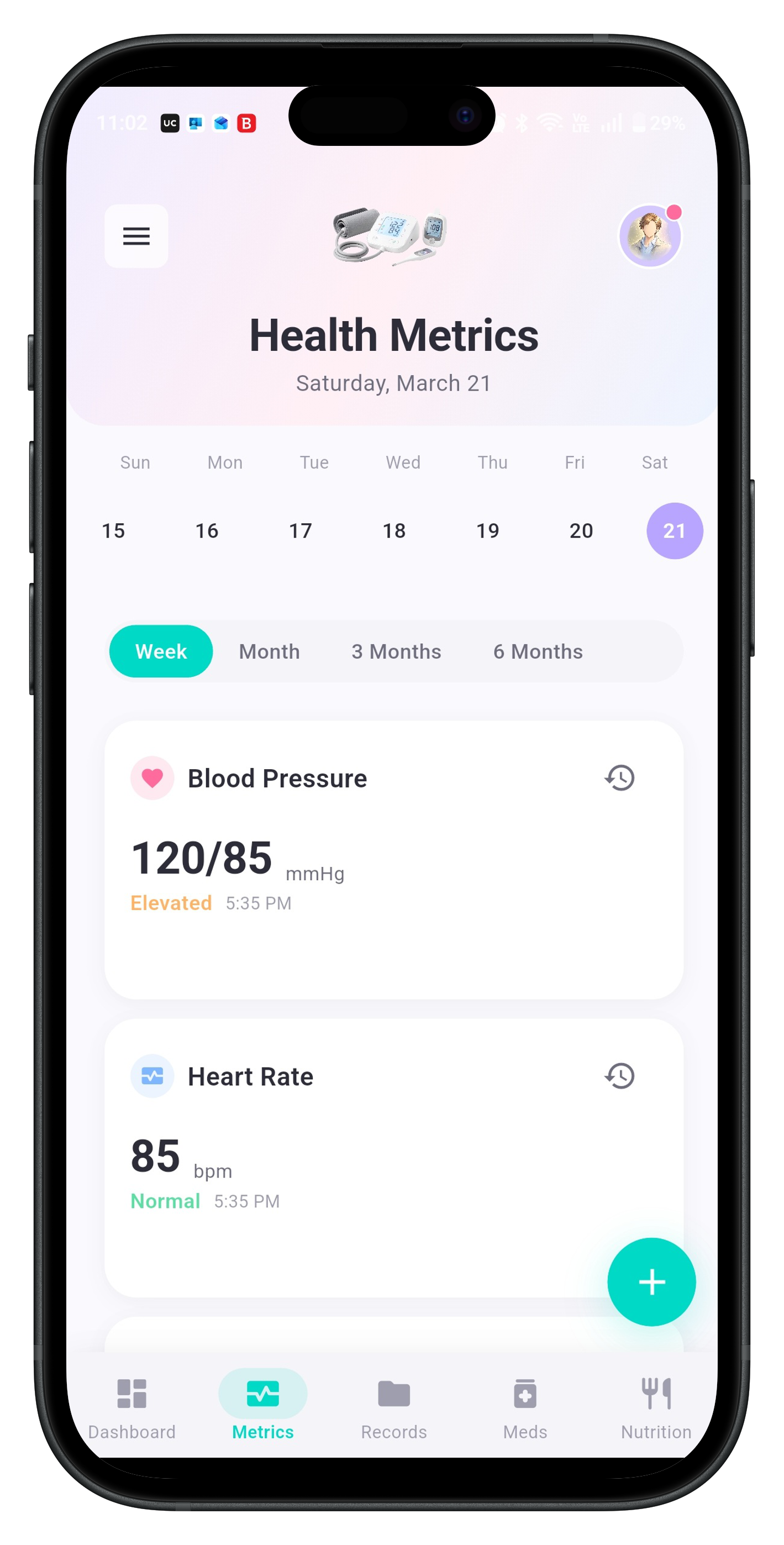 Jiva Pulse vital signs snapshot showing blood pressure, pulse, and glucose readings