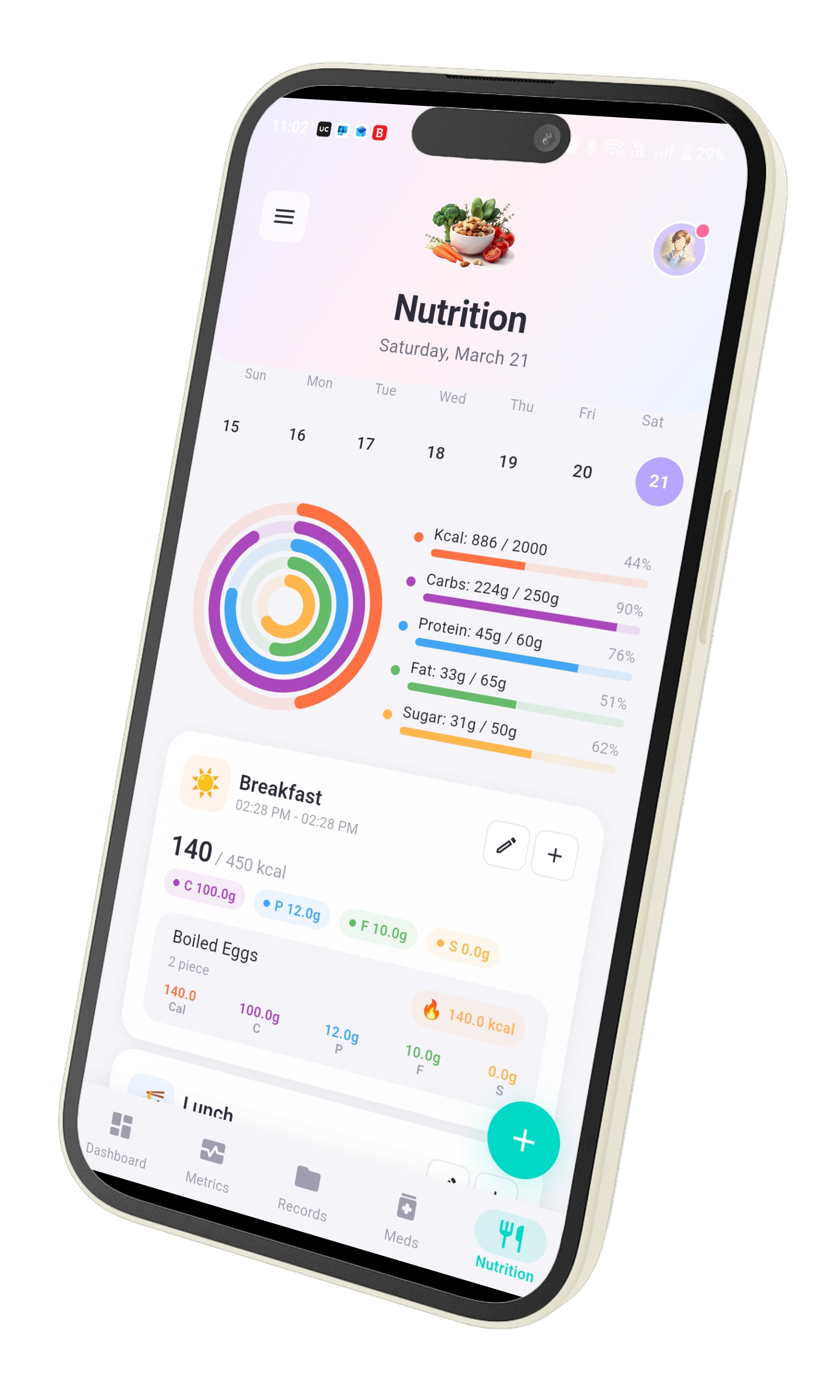 Smartphone scanning a meal with AI photo recognition for nutrition analysis